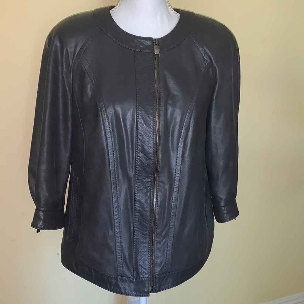 Vintage Gray Leather Collarless 3/4 Sleeves Zippered Front Moto Jacket